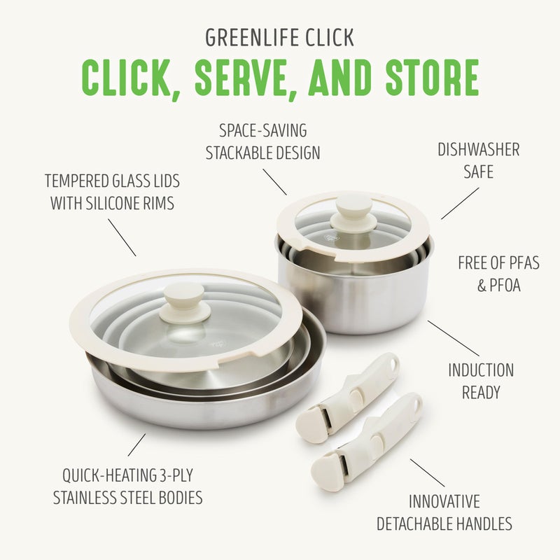 GreenLife 10 Piece Stainless Steel Pots and Pans, Detachable & Stackable Kitchen Set, Tri Ply Clad PFAS Free Cookware, Space Saving with Removable Handle, Induction & Oven Safe, RV Cookware, Glass Lid - Image 2