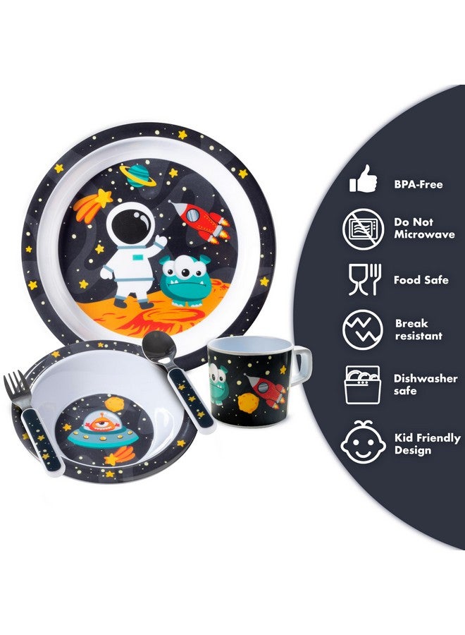 Bentology 5 Pc Mealtime Feeding Set for Kids and Toddlers - Space - Includes Plate, Bowl, Cup, Fork and Spoon Utensil Flatware - Durable, Dishwasher Safe, BPA Free - Image 4
