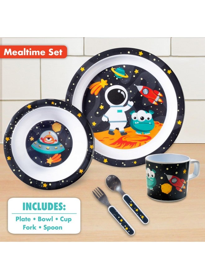Bentology 5 Pc Mealtime Feeding Set for Kids and Toddlers - Space - Includes Plate, Bowl, Cup, Fork and Spoon Utensil Flatware - Durable, Dishwasher Safe, BPA Free - Image 2
