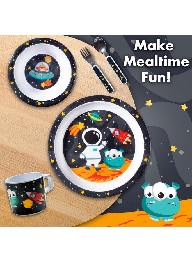 Bentology 5 Pc Mealtime Feeding Set for Kids and Toddlers - Space - Includes Plate, Bowl, Cup, Fork and Spoon Utensil Flatware - Durable, Dishwasher Safe, BPA Free - Image 5