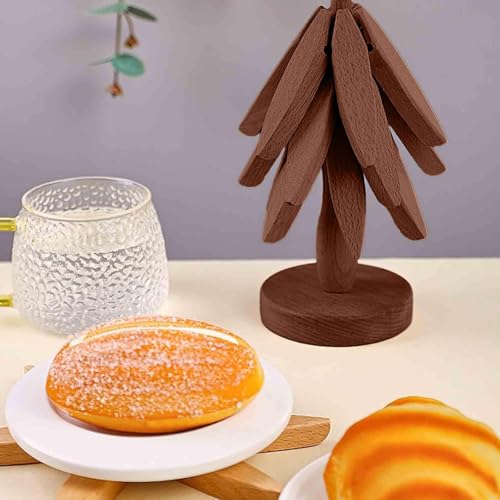 Oylyoyea Wooden Cup Coaster Set，Tree Shape Trivet Set,Tree Coasters- 4 Wooden Trivets + 1 Stand stored for hot Dish/Pot/Bowl/teapot/hot Pot Set (Brown) - Image 2
