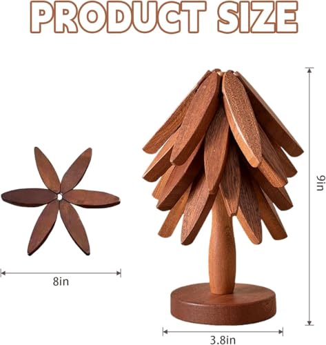 Oylyoyea Wooden Cup Coaster Set，Tree Shape Trivet Set,Tree Coasters- 4 Wooden Trivets + 1 Stand stored for hot Dish/Pot/Bowl/teapot/hot Pot Set (Brown) - Image 4