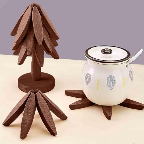 Oylyoyea Wooden Cup Coaster Set，Tree Shape Trivet Set,Tree Coasters- 4 Wooden Trivets + 1 Stand stored for hot Dish/Pot/Bowl/teapot/hot Pot Set (Brown) - Image 3