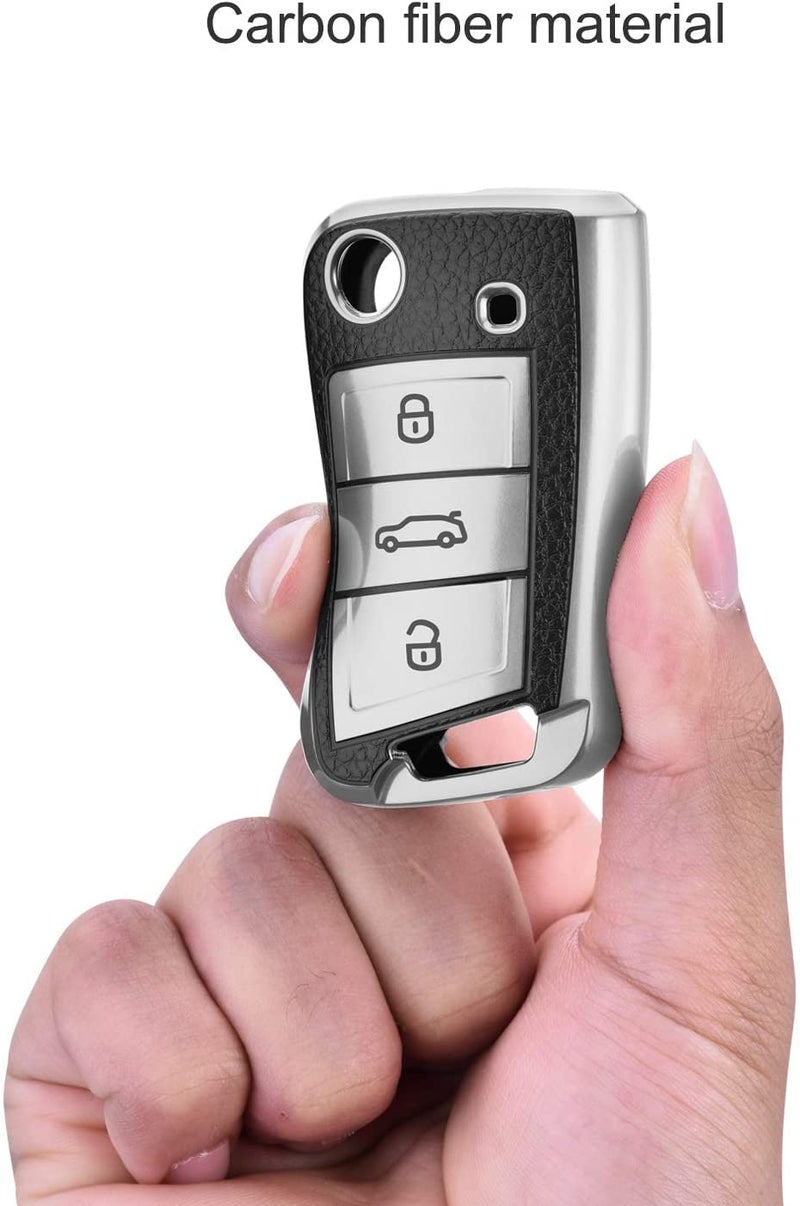 JVCV® Premium Soft TPU Leather Pattern Key Cover Compatible with Skoda Kylaq Slavia Kushaq Taigun Tiguan Virtus Octavia Kodiaq Superb Folding Key (Silver) - Image 4