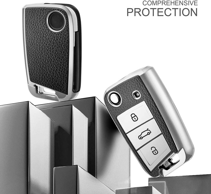 JVCV® Premium Soft TPU Leather Pattern Key Cover Compatible with Skoda Kylaq Slavia Kushaq Taigun Tiguan Virtus Octavia Kodiaq Superb Folding Key (Silver) - Image 3
