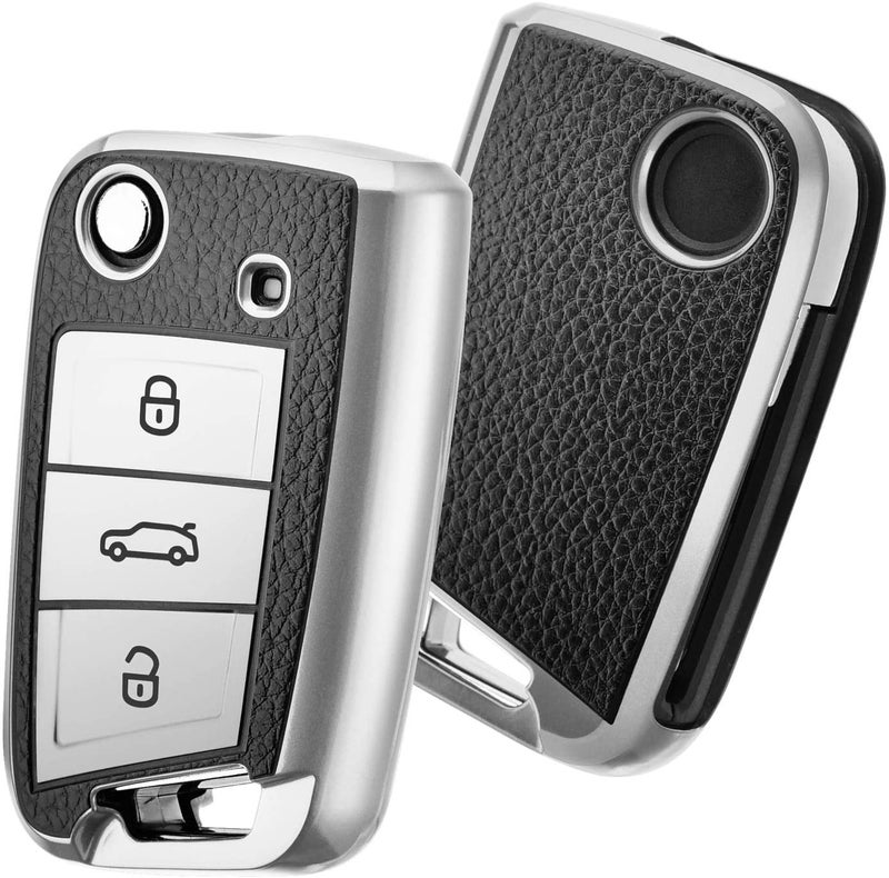 JVCV® Premium Soft TPU Leather Pattern Key Cover Compatible with Skoda Kylaq Slavia Kushaq Taigun Tiguan Virtus Octavia Kodiaq Superb Folding Key (Silver) - Image 1
