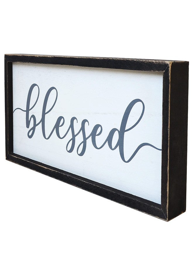 EXQUIDECA Rustic Blessed Freestanding Sign Home Decor for Living Room - Farmhouse Framed Blessed Wall Art Solid Wood Grey 12x5 Inches - Image 1