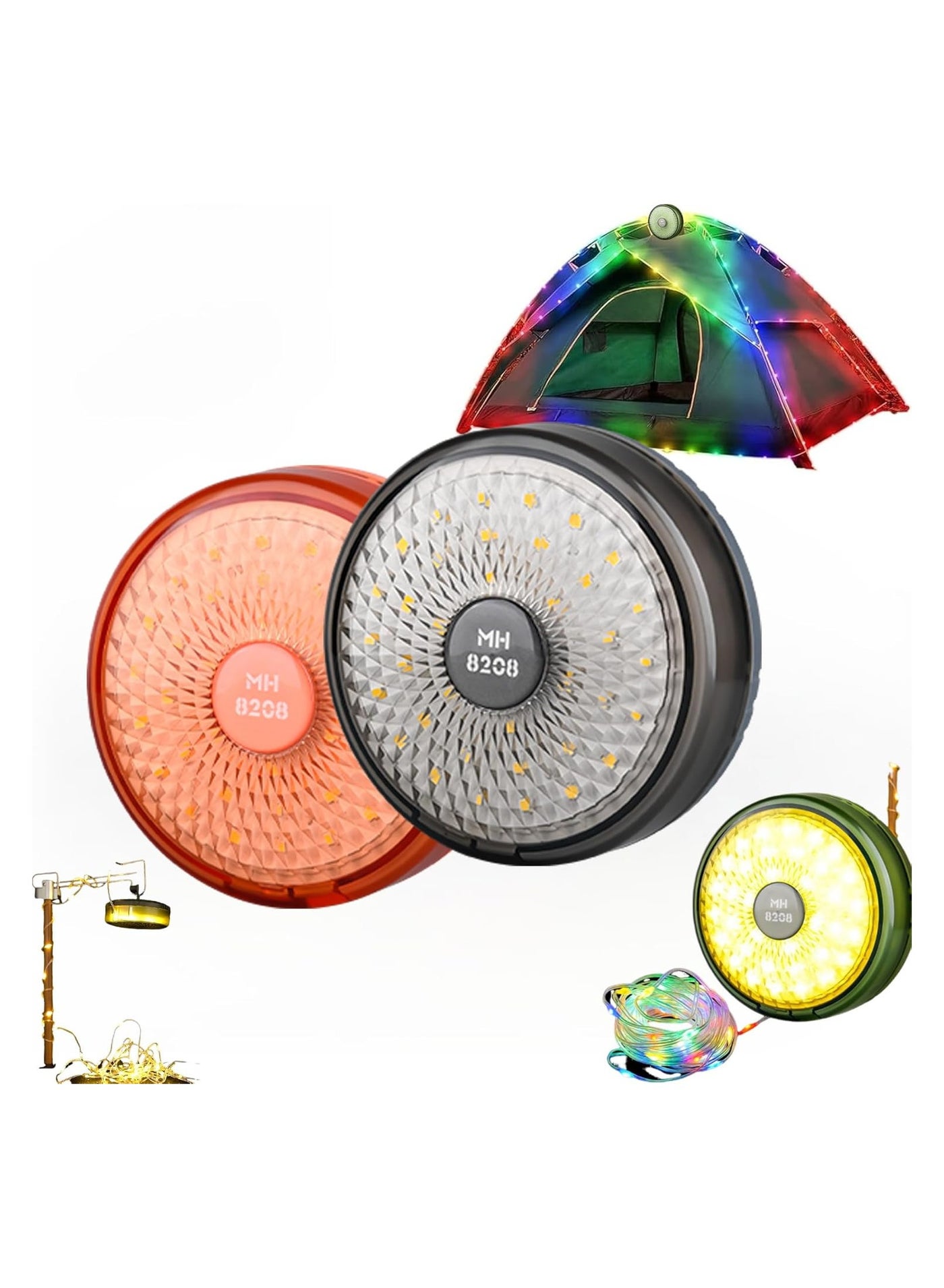 Portable, rechargeable, storable, and waterproof string lights for camping, travel, and emergencies.
