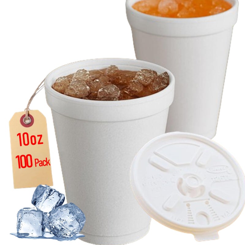 Mr. Miracle 10OZ Foam Cups With Lids for Hot & Cold Drinks, USA-Made 100-Pack - Ideal Styrofoam Coffee Cups, Insulating To-Go Cups for Soda, Tea, Juice - Sturdy, Disposable & comparable to Industry standard 10J10 - Image 1