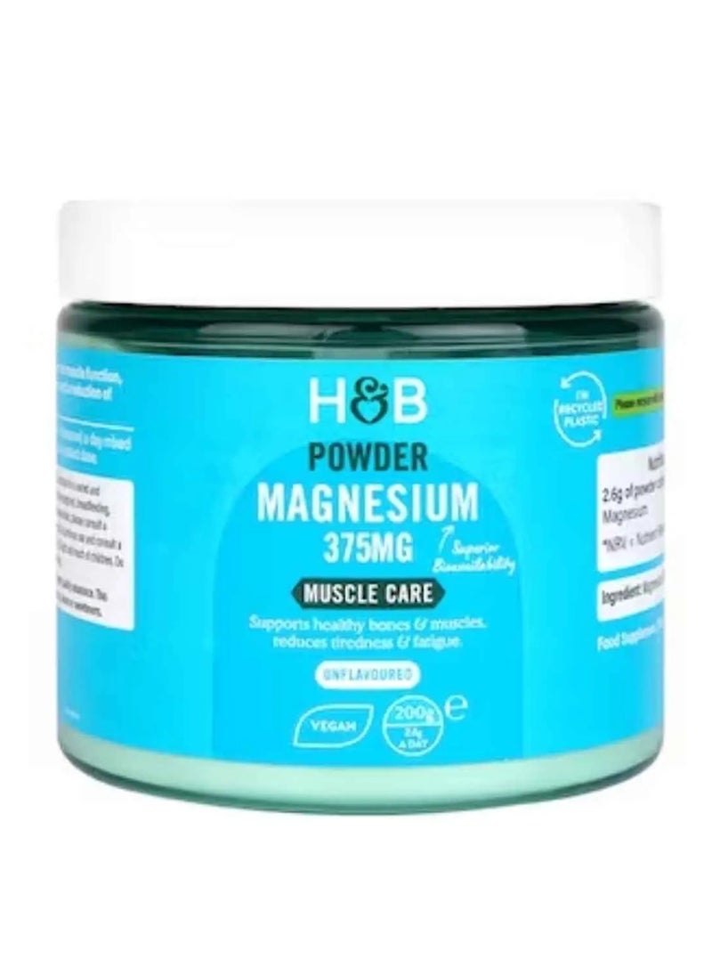 H&B H&B Magnesium 375mg Unflavoured Vegan Powder, Magnesium For Muscles 200g 