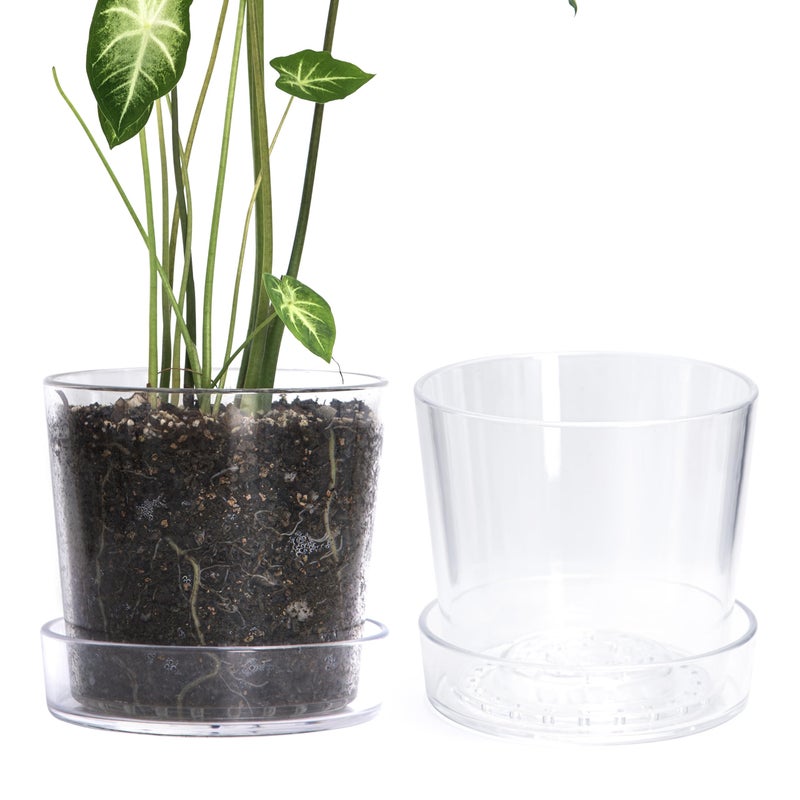 Phoenix Vine 8 Inch Clear Acrylic Planter Pot with Tray Orchid Pot with Drainage Holes Deep Saucer for Bottom Watering Transparent Containers for Indoor Plants Herbs Set of 2 91AG2