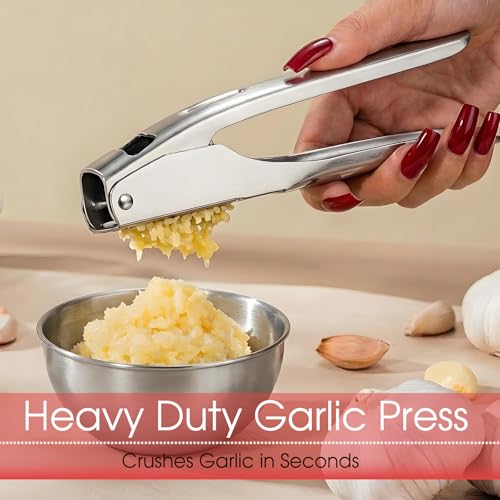 UOSLOR Garlic Press Heavy Duty Mincer and Peeler Set, Rust Proof 304 Stainless Steel Garlic Crusher, Easy-Squeeze Nut Ginger Chopper, Dishwasher Safe Kitchen Gadget - Image 2