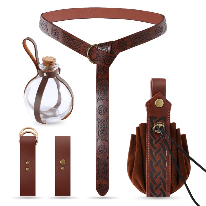WooHand Medieval Pirate Cosplay Accessories Viking Belt Potion Bottles Faux Leather Belt Pouch Skirt Hikes Mug Holder for Halloween Costume Brown - Image 1