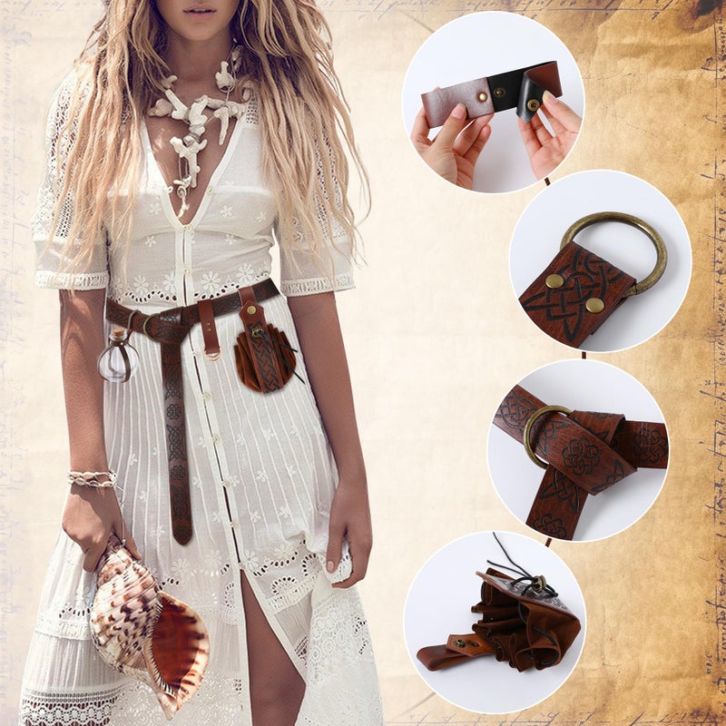 WooHand Medieval Pirate Cosplay Accessories Viking Belt Potion Bottles Faux Leather Belt Pouch Skirt Hikes Mug Holder for Halloween Costume Brown - Image 2