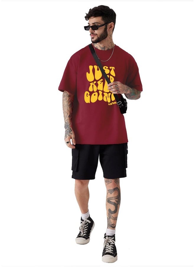 LEOTUDE - LEOTUDE Oversized Cottonblend Half Sleeve Printed Round Neck Men's Tshirt (FS49_Going_49_P_Maroon_S) - Image 1