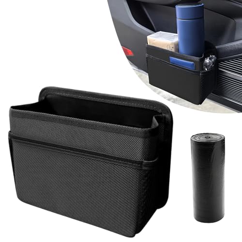 EKUWU Car Trash Can Foldable Mini Car Trash Can with 1 Roll Garbage Bag Hanging Vehicle Garbage Organizer Holder Automotive Interior Accessories Waterproof Storage Box Black - Image 1