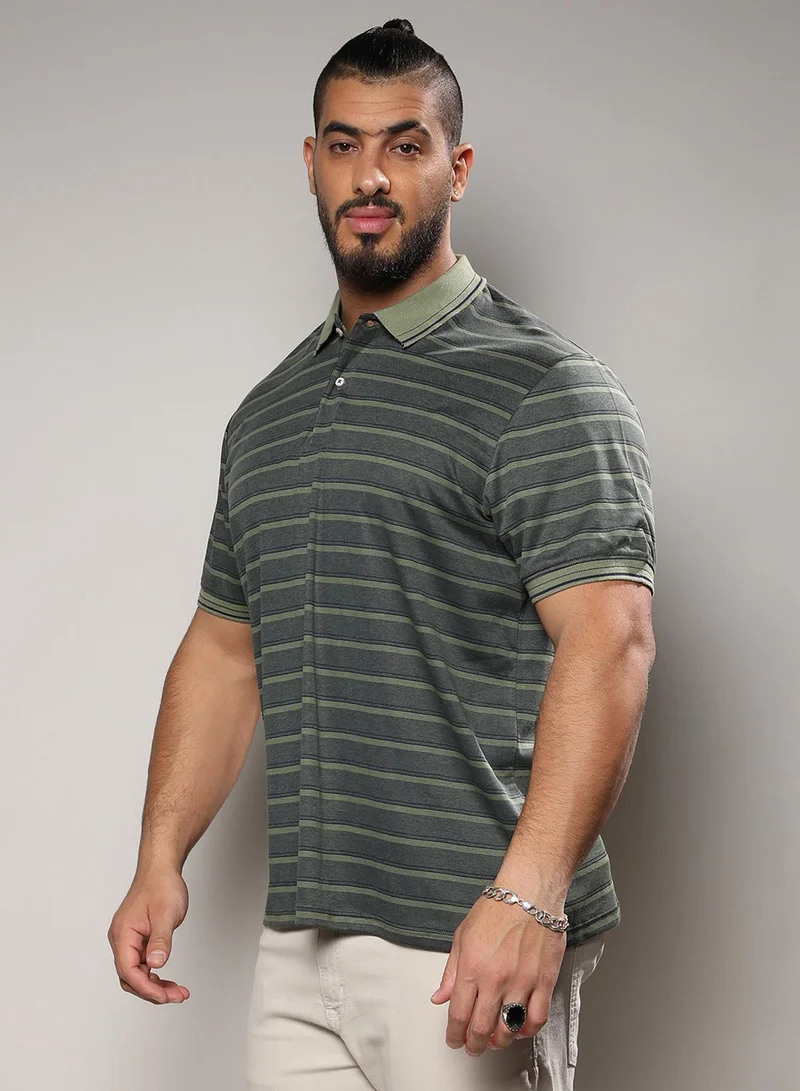 Instafab Plus Instafab Plus Men's Charcoal Black Shadow Striped T-Shirt For Casual Wear | Polo Neck | Short Sleeve | Half-Button Closure | T-Shirt Crafted With Comfort Fit For Everyday Wear