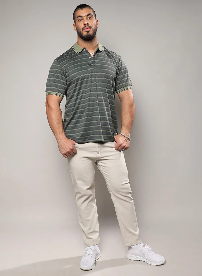 Instafab Plus Instafab Plus Men's Charcoal Black Shadow Striped T-Shirt For Casual Wear | Polo Neck | Short Sleeve | Half-Button Closure | T-Shirt Crafted With Comfort Fit For Everyday Wear