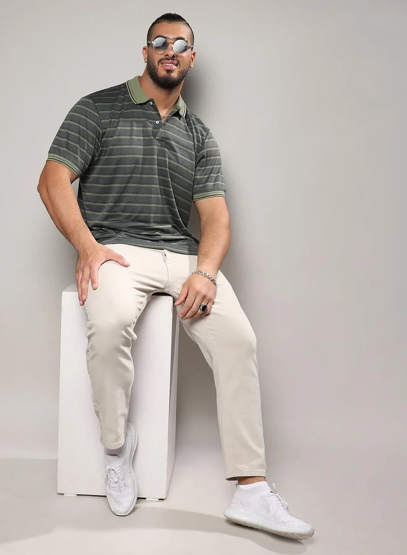 Instafab Plus Instafab Plus Men's Charcoal Black Shadow Striped T-Shirt For Casual Wear | Polo Neck | Short Sleeve | Half-Button Closure | T-Shirt Crafted With Comfort Fit For Everyday Wear