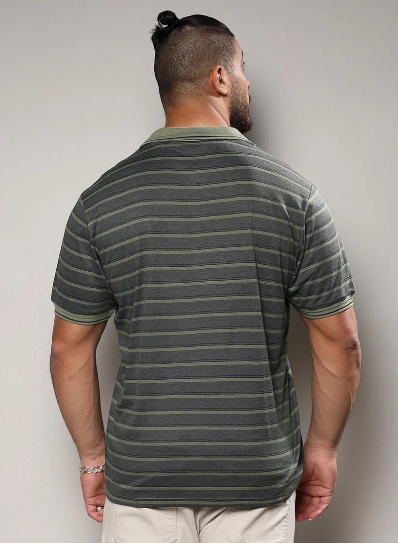 Instafab Plus Instafab Plus Men's Charcoal Black Shadow Striped T-Shirt For Casual Wear | Polo Neck | Short Sleeve | Half-Button Closure | T-Shirt Crafted With Comfort Fit For Everyday Wear