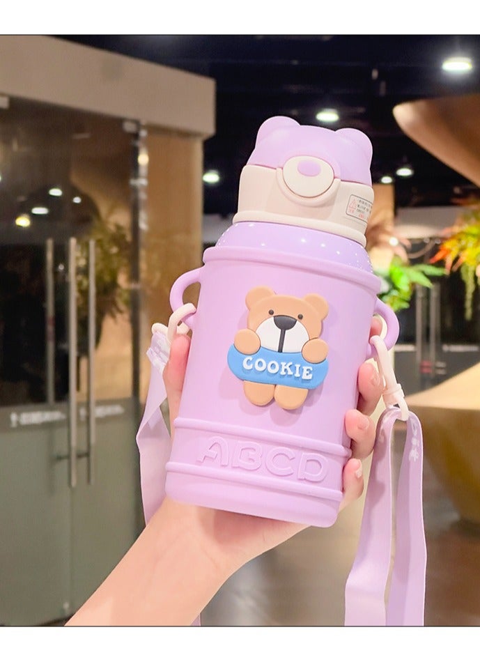 زد Cartoon thermos cup Children's kettle baby cute water cup with straw 500ml purple 