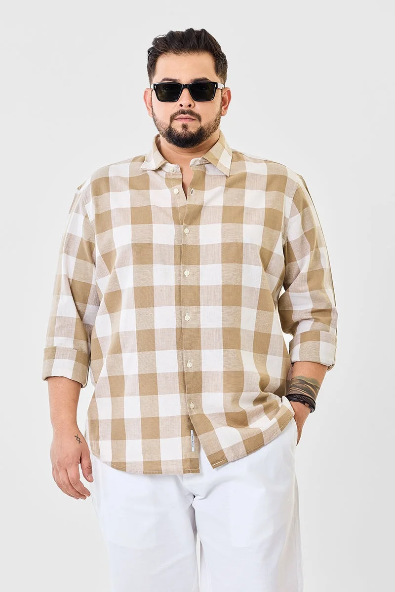 SNITCH Beige Linen Blend Checks Plus SIze Shirt for Men | Best Price UAE