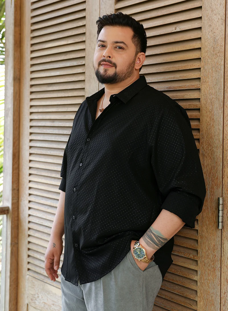 Instafab Plus  Instafab Plus Men's Onyx Black Cross-Stitch Imprint Shirt For Casual Wear | Spread Collar | Long Cuffed Sleeves | Button Closure | Plus Size Shirt Crafted With Comfort Fit For Everyday Wear for Men | Best Price UAE