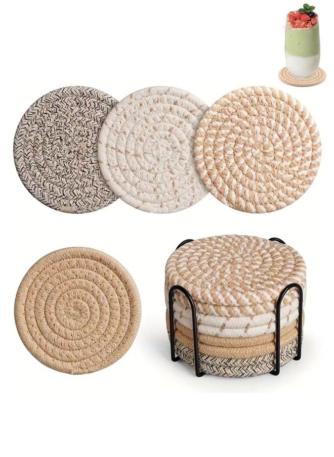 Monda 8 Pieces Drink Coasters with Holder, Cotton Woven Absorbent Coasters, 4 Colors Absorbent Coasters, Simple Home Decor Coaster Set for Wooden Tabletop Protector Table, For Living Room Decoration, Tabletop Protection, Suitable for Various Cups Diameter 11cm  - Image 1