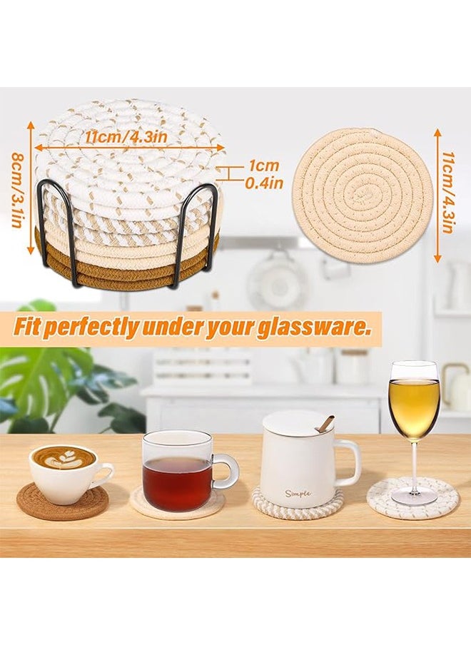 Monda 8 Pieces Drink Coasters with Holder, Cotton Woven Absorbent Coasters, 4 Colors Absorbent Coasters, Simple Home Decor Coaster Set for Wooden Tabletop Protector Table, For Living Room Decoration, Tabletop Protection, Suitable for Various Cups Diameter 11cm  - Image 2
