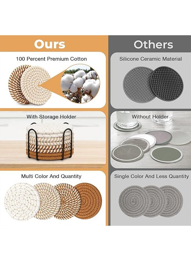 Monda 8 Pieces Drink Coasters with Holder, Cotton Woven Absorbent Coasters, 4 Colors Absorbent Coasters, Simple Home Decor Coaster Set for Wooden Tabletop Protector Table, For Living Room Decoration, Tabletop Protection, Suitable for Various Cups Diameter 11cm  - Image 3