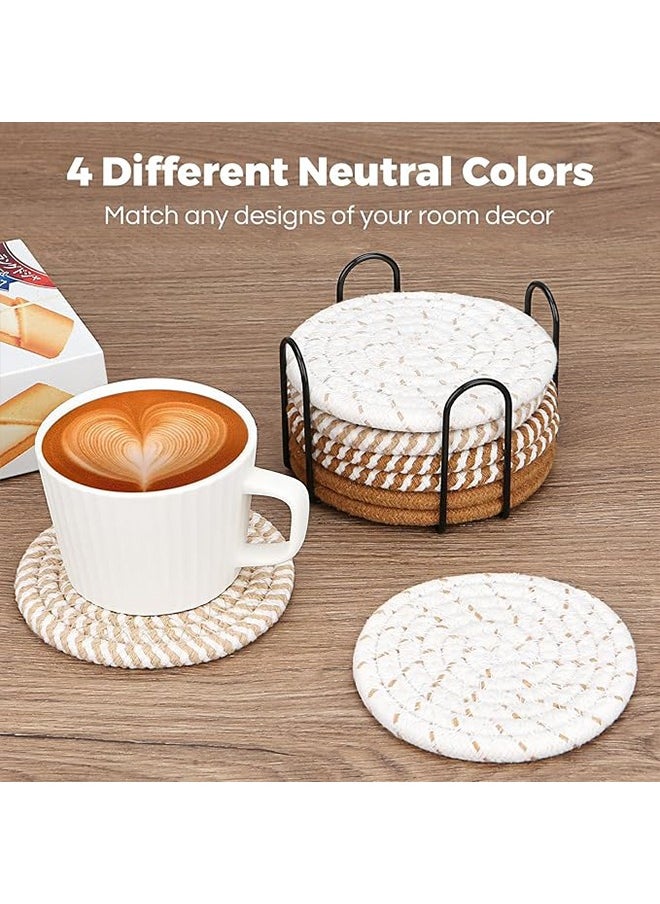 Monda 8 Pieces Drink Coasters with Holder, Cotton Woven Absorbent Coasters, 4 Colors Absorbent Coasters, Simple Home Decor Coaster Set for Wooden Tabletop Protector Table, For Living Room Decoration, Tabletop Protection, Suitable for Various Cups Diameter 11cm  - Image 5