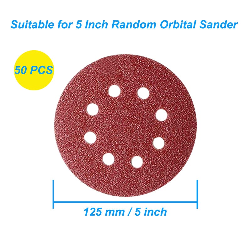 XBrand XBrand 50 Pcs 125mm Sanding Discs Pads, Premium 8 Hole 40 Grit Hook and Loop Sandpaper Sheet for Random Orbital Sander. - Image 2