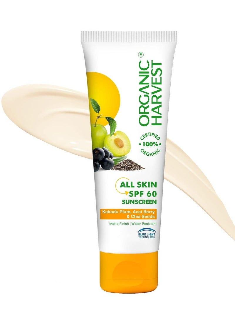 Organic Harvest واقي الشمس من أورجانيك هارفيست أول سكين بعامل وقاية من الشمس 60 للرجال/النساء مع برقوق الكاكادو وتوت الأكاي وبذور الشيا - عضوي معتمد 100% - شفاف 100% ومسؤول ومستدام - خالٍ 100 مل