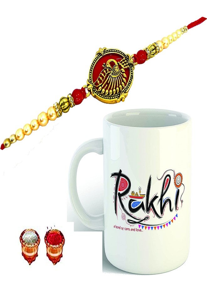 PrideKraft Gold Plated Peacock Rakhi with Roli Chawal and Greeting Card (Rakhi With Mug K) - Image 1