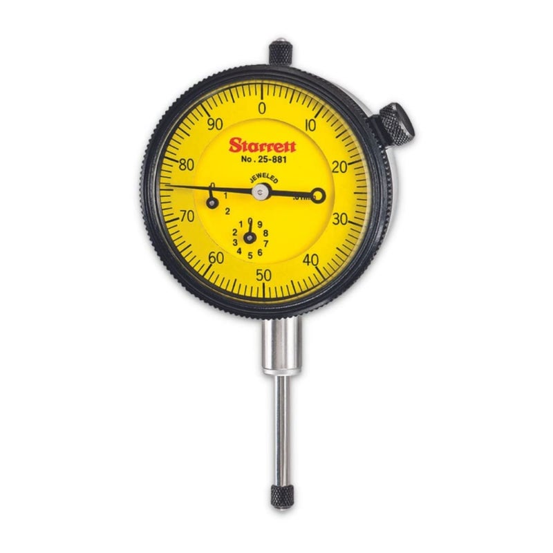 Starrett 25 Series Dial Indicator with Jewel Bearings and Lug-On-Center Back - Yellow Face, 0-25.0mm Range, 0-100 Dial Reading, 0.01mm Graduations - 25-881J - Image 1