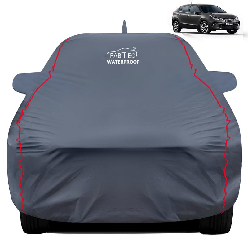 FABTEC Waterproof Premium Car Cover for Toyota Glanza New with Mirror and Antenna Pocket Super Waterproof Car Body Cover Heavy Duty Durable Peva Grey with Red Piping - Image 1