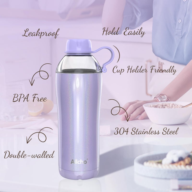 Allcho Iridescent Insulated Water Bottle for Women, 18 oz Stainless Steel Water Bottles, Double Walled, 2 Lids (Chug & Tumbler) - Hydrate & Caffeinate, Available Gift Wrapping - Image 5