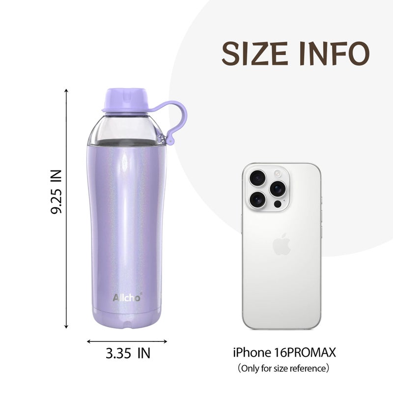 Allcho Iridescent Insulated Water Bottle for Women, 18 oz Stainless Steel Water Bottles, Double Walled, 2 Lids (Chug & Tumbler) - Hydrate & Caffeinate, Available Gift Wrapping - Image 2