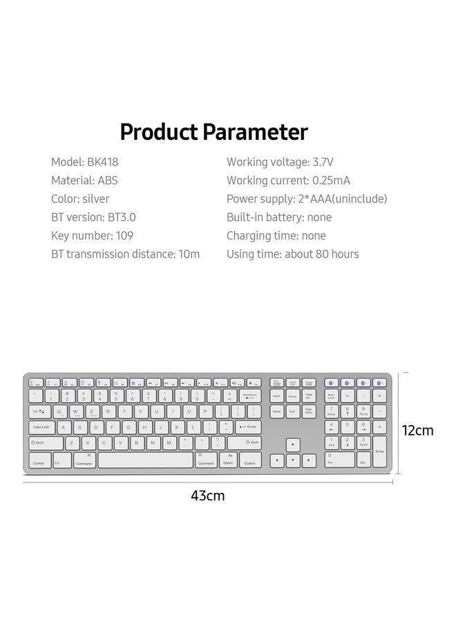 Multi-paired BT Keyboard 109-key Wireless Support for IOS/Android/Windows System Silver