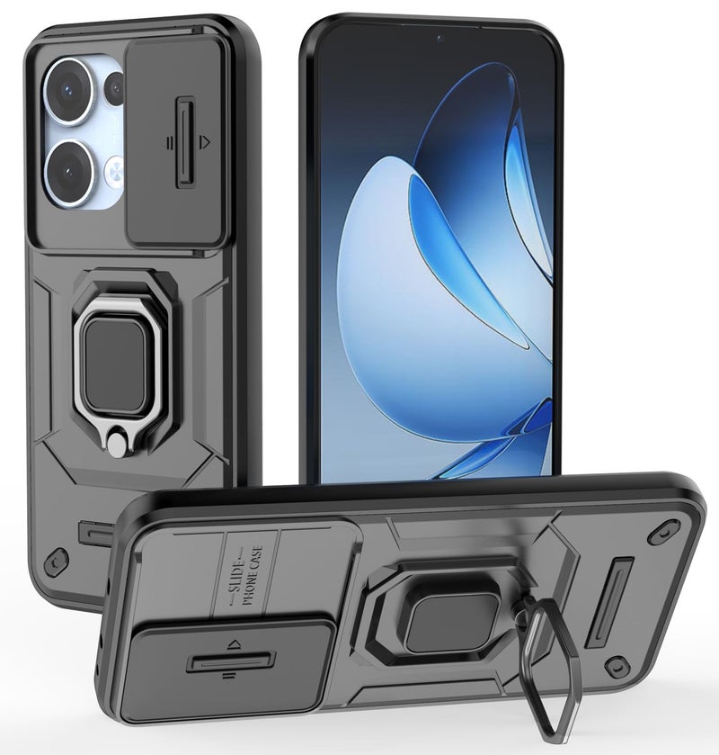 Kapa Armor Slider Back Cover for Oppo Reno 13 5G | Inbuilt Ring + Camera Slider Shockproof Lens Protection Bumper Back Case (Black) - Image 1