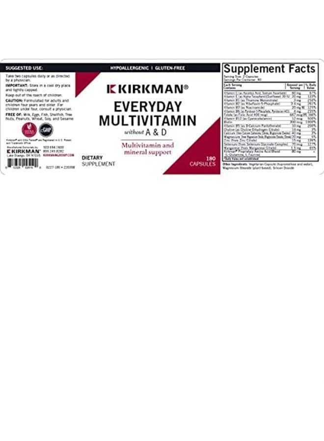 Kirkman Everyday Multivitamin Without Vitamins A & D - 180 Capsules - Comprehensive Multivitamin - Mineral Support - Hypoallergenic - Image 2