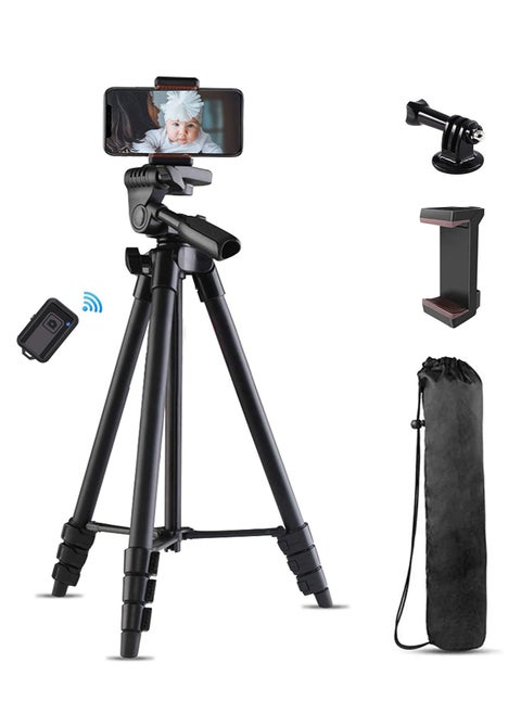 Cell Phone Tripod 53" Extendable Phone Tripod Lightweight Travel Tripod with Bluetooth Remote Shutter Portable Pouch and 1/4" Standard Screw for iPhone Android Phones Camera And Projector.