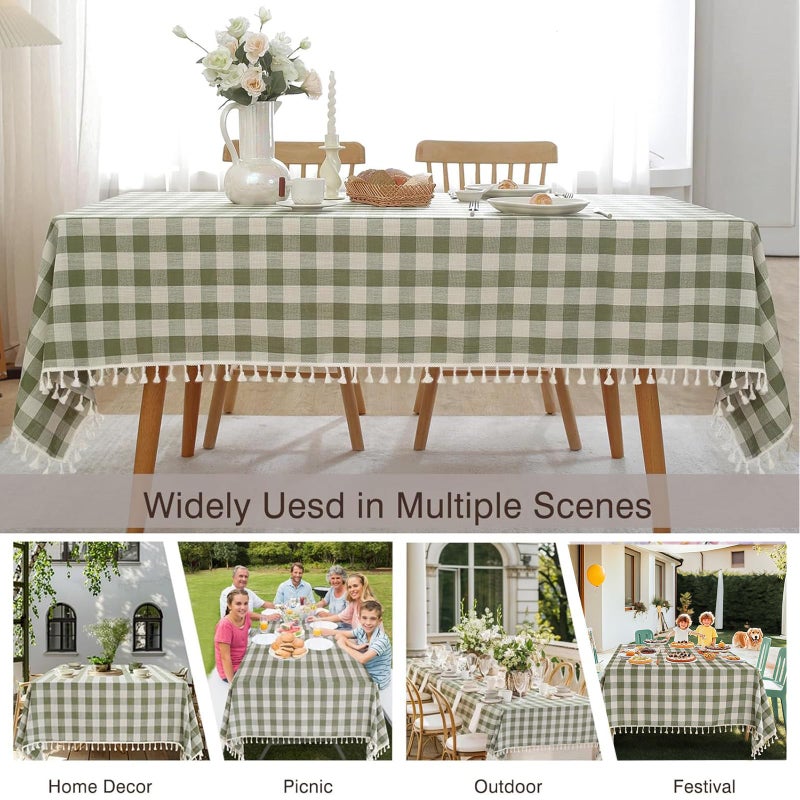 Jia le JIALE Spring Gingham Tablecloth Rectangle Cotton Linen Fabric Checkered Table Cloth with Tassel Washable Wrinkle Free Buffalo Plaid Table Cover for Outdoor Party Picnic Kitchen Dining, Green, 55x75 - Image 2