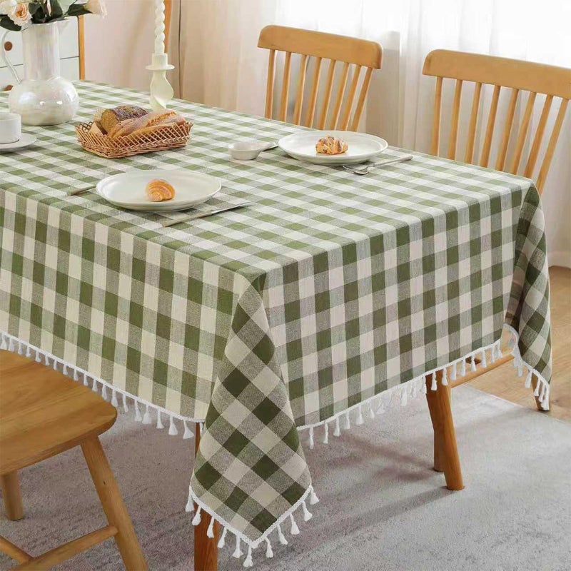 Jia le JIALE Spring Gingham Tablecloth Rectangle Cotton Linen Fabric Checkered Table Cloth with Tassel Washable Wrinkle Free Buffalo Plaid Table Cover for Outdoor Party Picnic Kitchen Dining, Green, 55x75 - Image 1