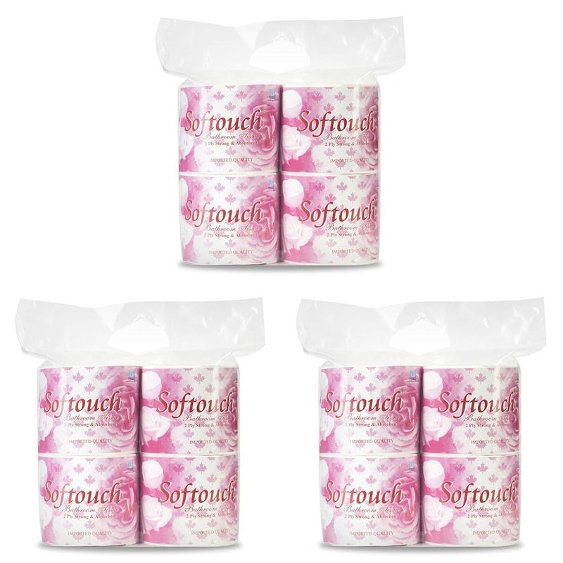 Softouch Toilet Paper Tissue Roll Economy Pack 4-in-1 (100 mtr per roll) (375 Sheet Per roll) (Pack of 3) - Image 1