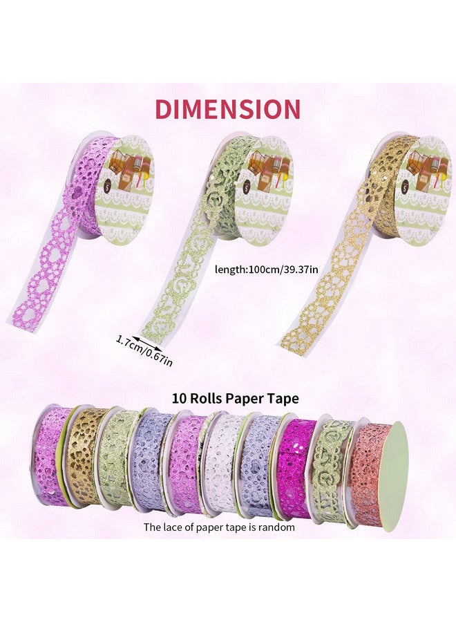 Heliltd 10 Roll Washi Tape Lace Pattern Self-Adhesive Tape, Lace Flower Glitter Bling Tape Sticker Colorful Washi Tape Set For Diy Scrapbooking Decorative Craft Gift Wrapping Lace Tape Sticker - Image 2