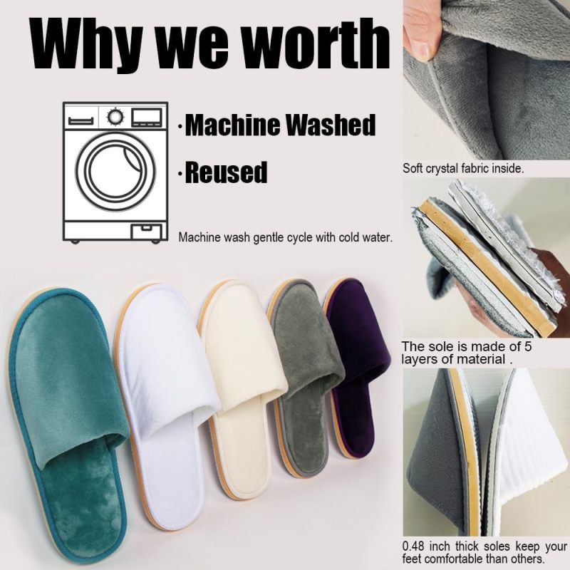 Indoor Slippers: 6 Pairs Washable Reusable Closed-Toe Coral Fleece Slippers - Thickened Padded Sole For Added Support Guest Slippers For Home Use Guest Accommodation - Image 3