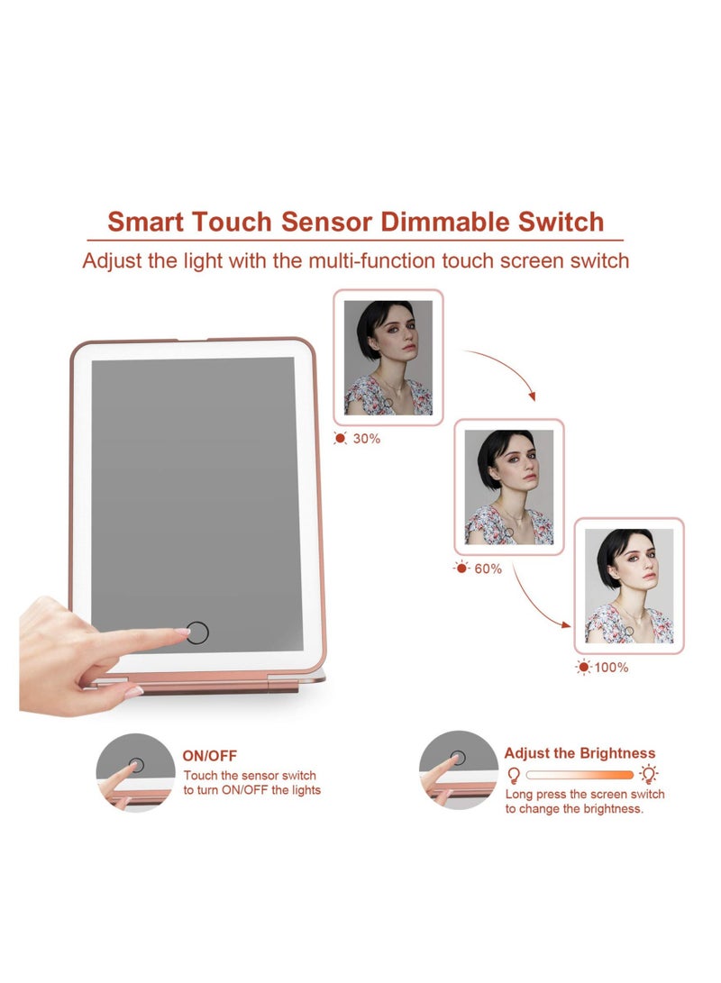 Arabest مرآة تجميل قابلة للشحن مع إضاءة، مرآة تجميل محمولة مضاءة للسفر، إضاءة بثلاثة ألوان، شاشة تعمل باللمس قابلة للتعتيم، مرآة تجميل LED قابلة للطي مع أضواء على الطاولة - Image 4