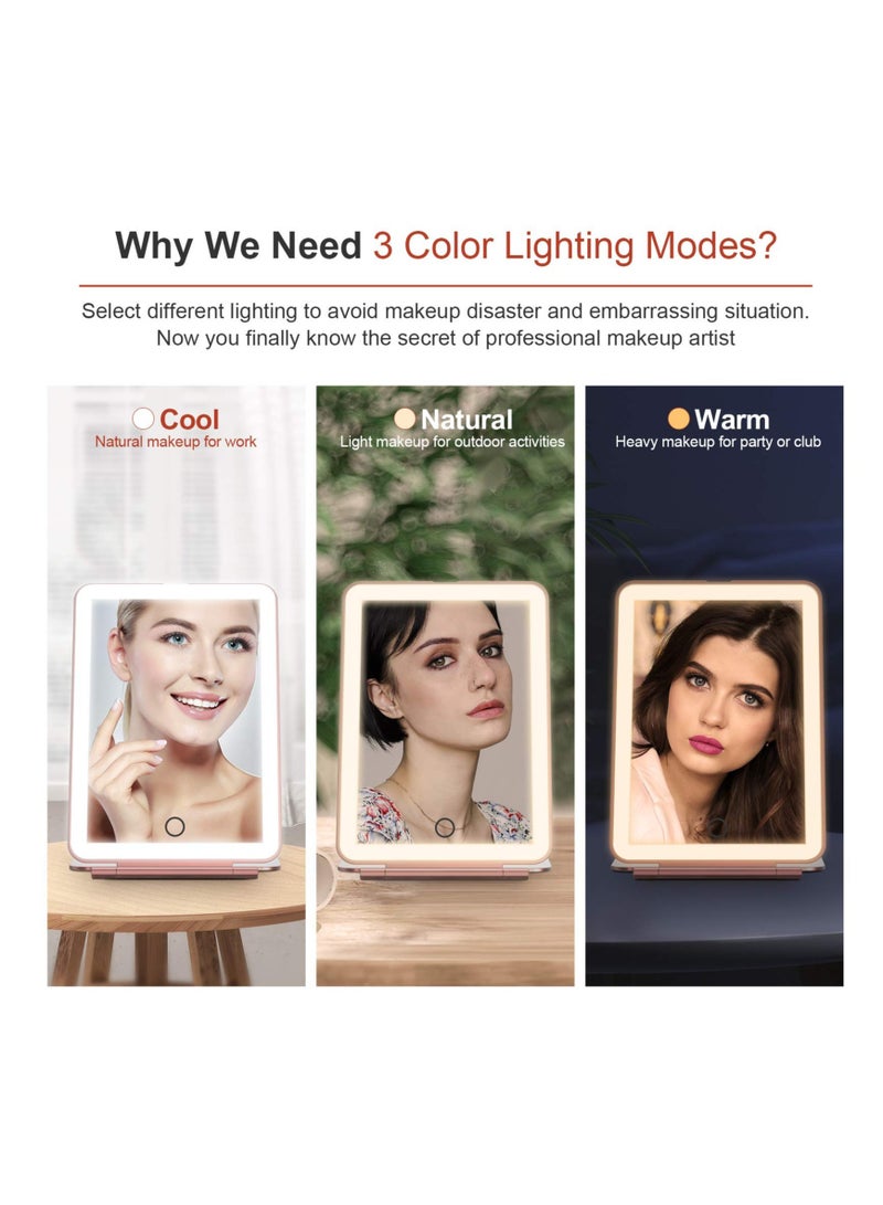Arabest مرآة تجميل قابلة للشحن مع إضاءة، مرآة تجميل محمولة مضاءة للسفر، إضاءة بثلاثة ألوان، شاشة تعمل باللمس قابلة للتعتيم، مرآة تجميل LED قابلة للطي مع أضواء على الطاولة - Image 5