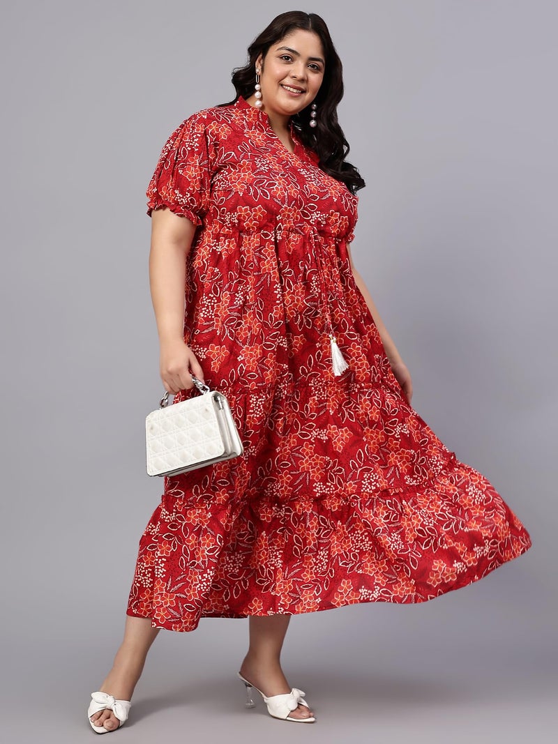 Indietoga Women's Cotton A-Line Tiered Maxi Dress (10001530_Red Floral Printed_2XL) - Image 5